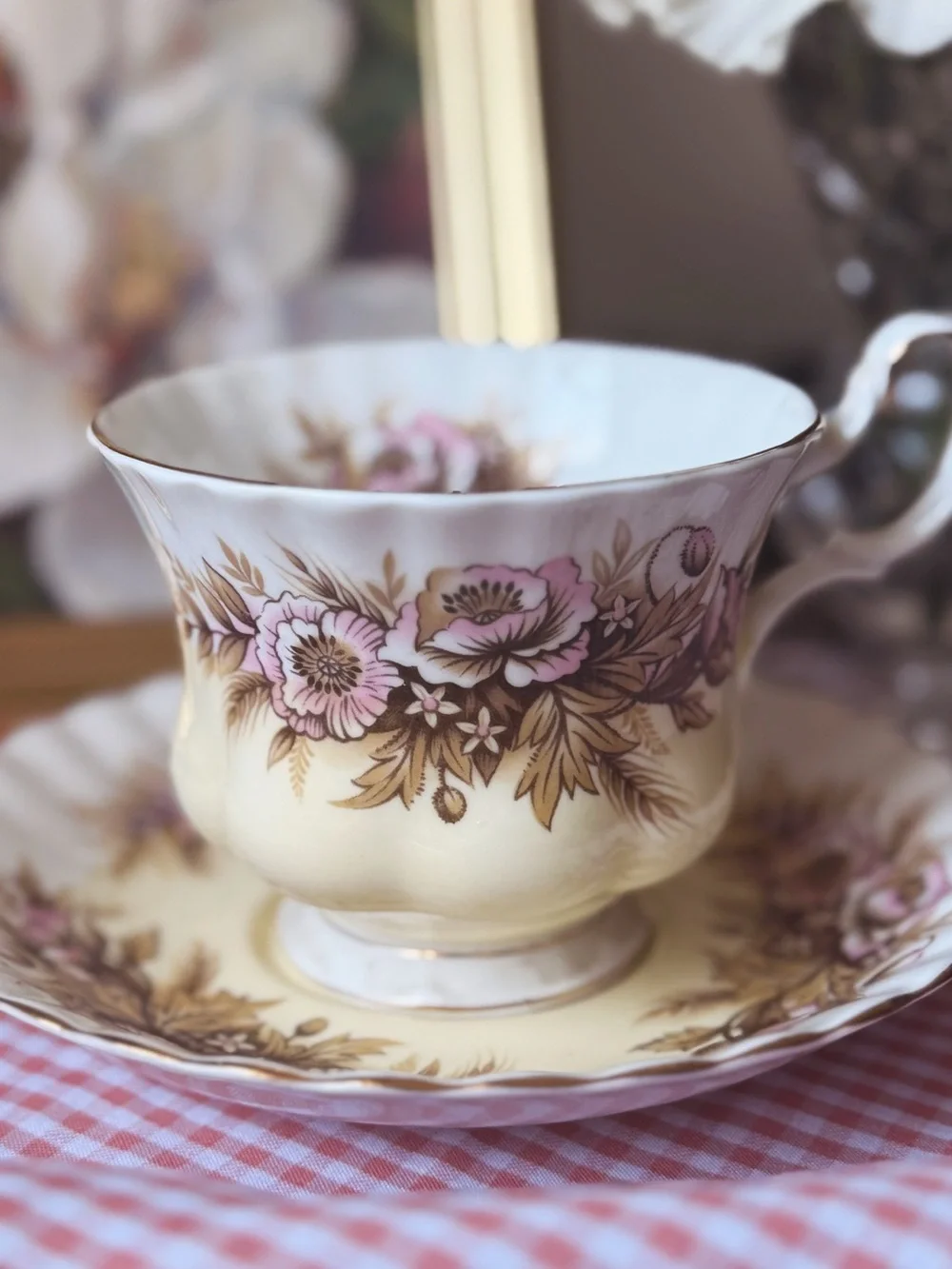 Royal Albert Cream and Pink Floral Teacup with Gold Trim
